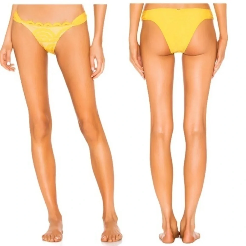 PilyQ Revolve Lace Fanned Teeny Cheeky Bikini Bottom Yellow Gold NWT